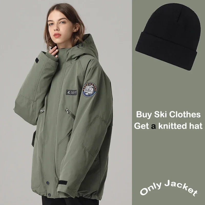 Giacca da sci impermeabile unisex con cappuccio, bianco sporco per snowboard e sport invernali