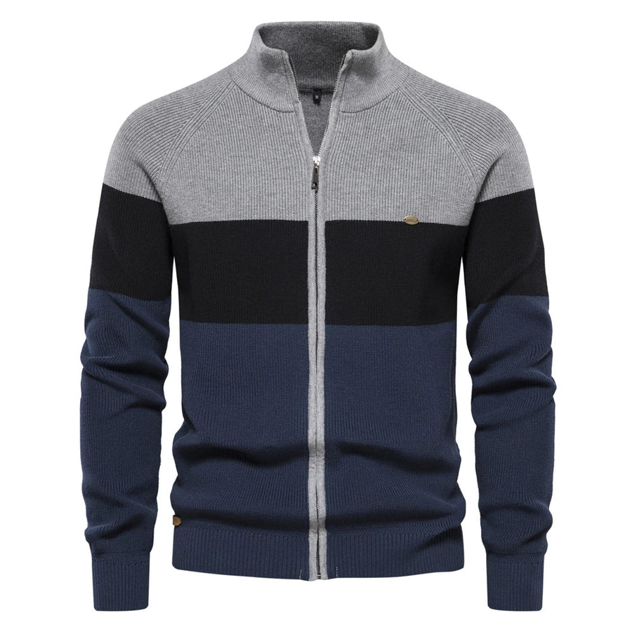 Cardigan de punto tricolor para hombre con cremallera y cuello alto
