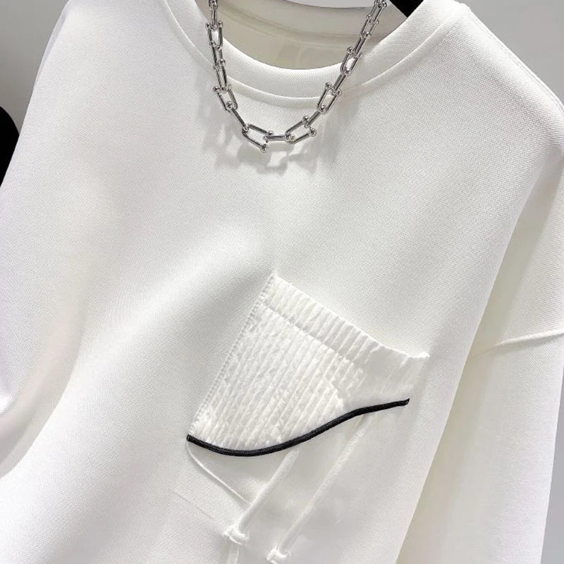 Sudadera asimétrica con cuello redondo, bolsillo decorativo y cordones - Negro o blanco