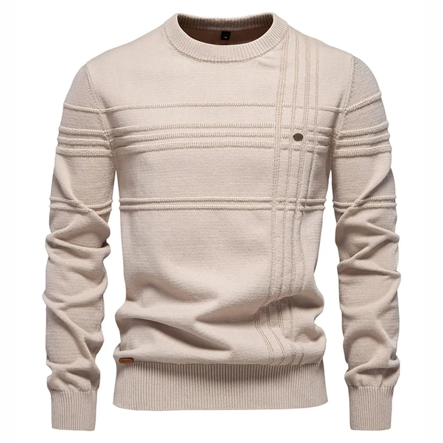Suéter de hombre de cuello redondo, tejido con motivos texturizados, beige