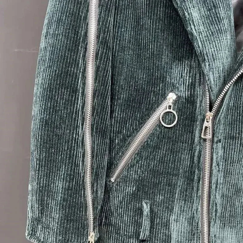 Abrigo largo acanalado verde oscuro para hombre, de estilo motero y con cremallera