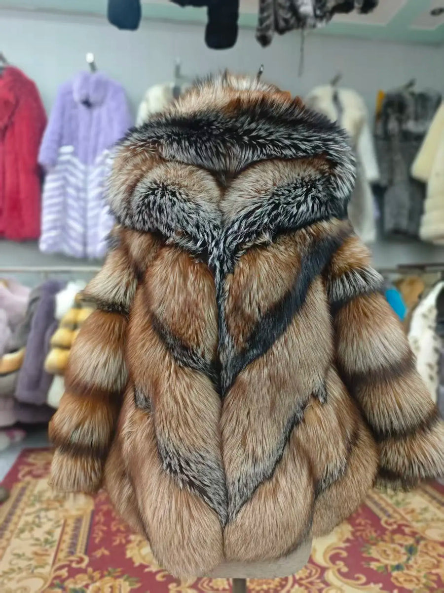 Cappotto caldo da donna con cappuccio in pelliccia sintetica, maniche lunghe e motivo a chevron