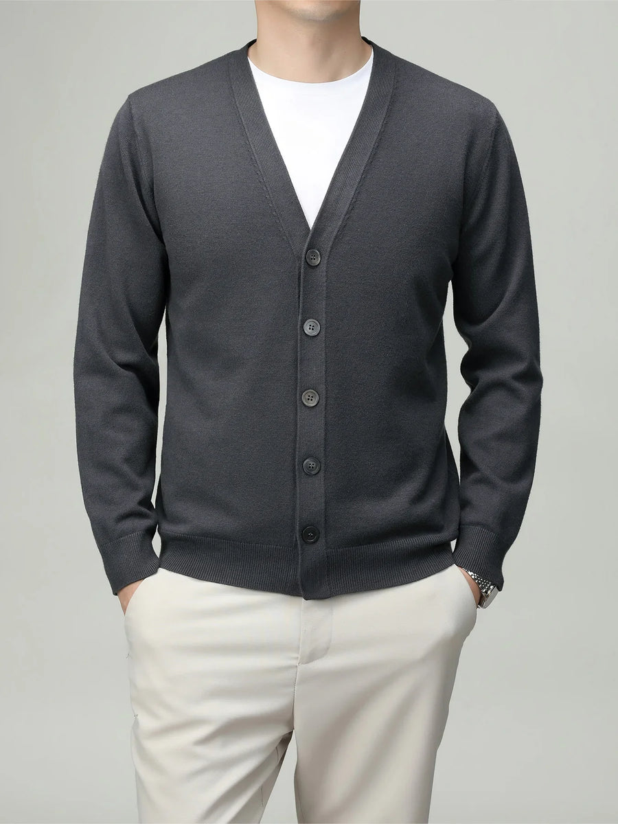 Chaleco cardigan ligero de color liso para hombre con cuello de pico, botones y mangas largas