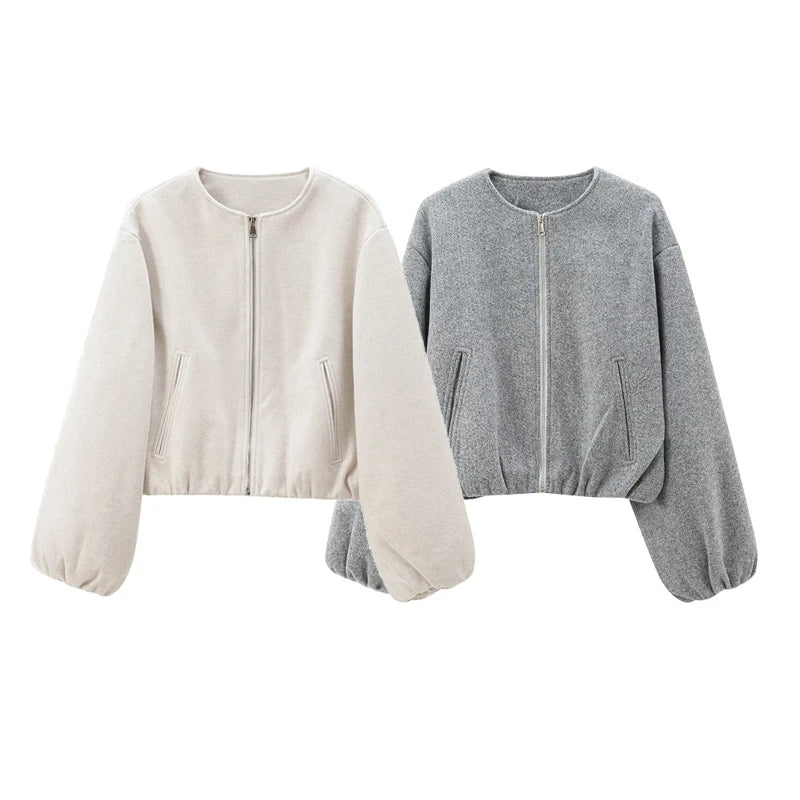 Chaqueta corta informal lisa para mujer, con cuello redondo, cremallera y mangas abullonadas, estilo bomber