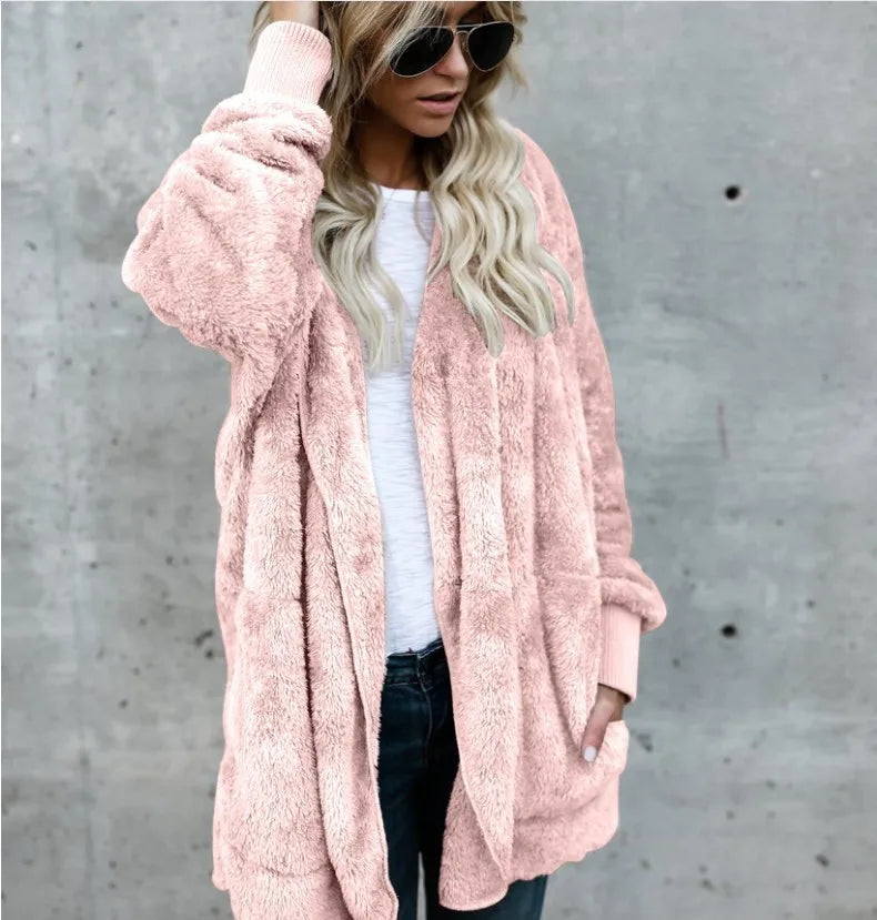 Gilet long femme doux à capuche uni avec poches