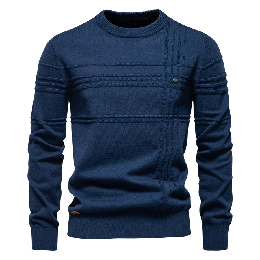 Suéter de hombre de cuello redondo, tejido con motivos texturizados, beige
