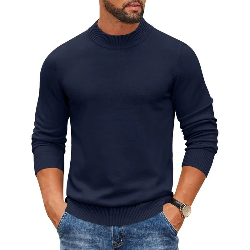 Jersey de punto para hombre con cuello alto acanalado y manga larga, color liso