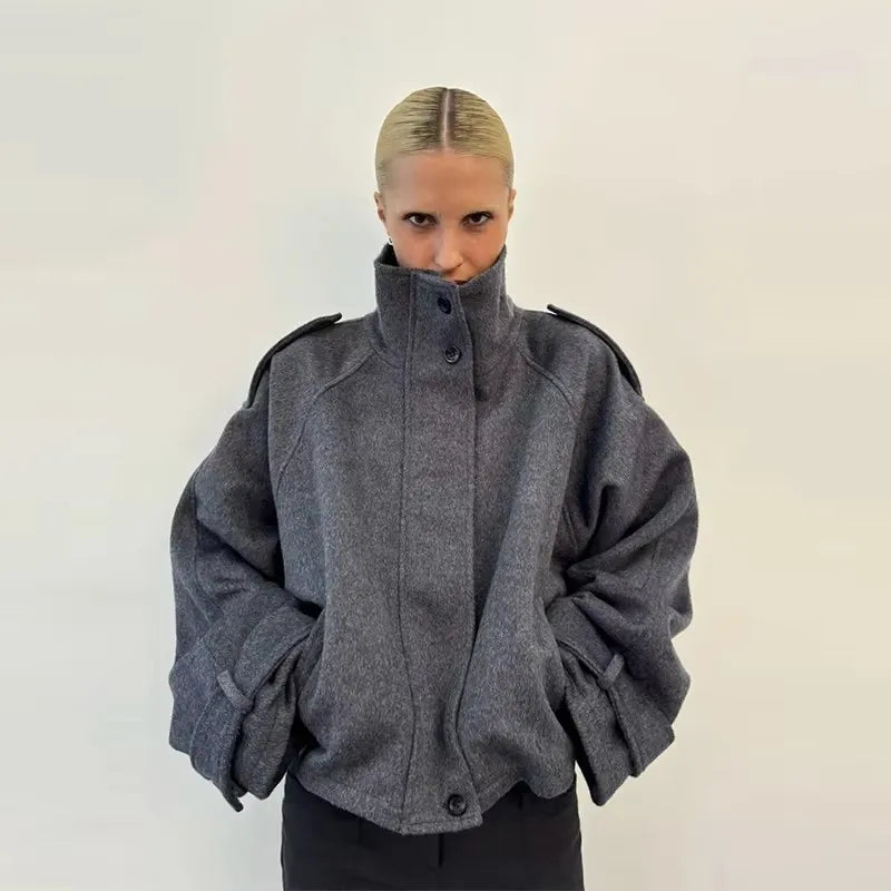 Veste courte ample à col montant pour femme, gris foncé, coupe oversize