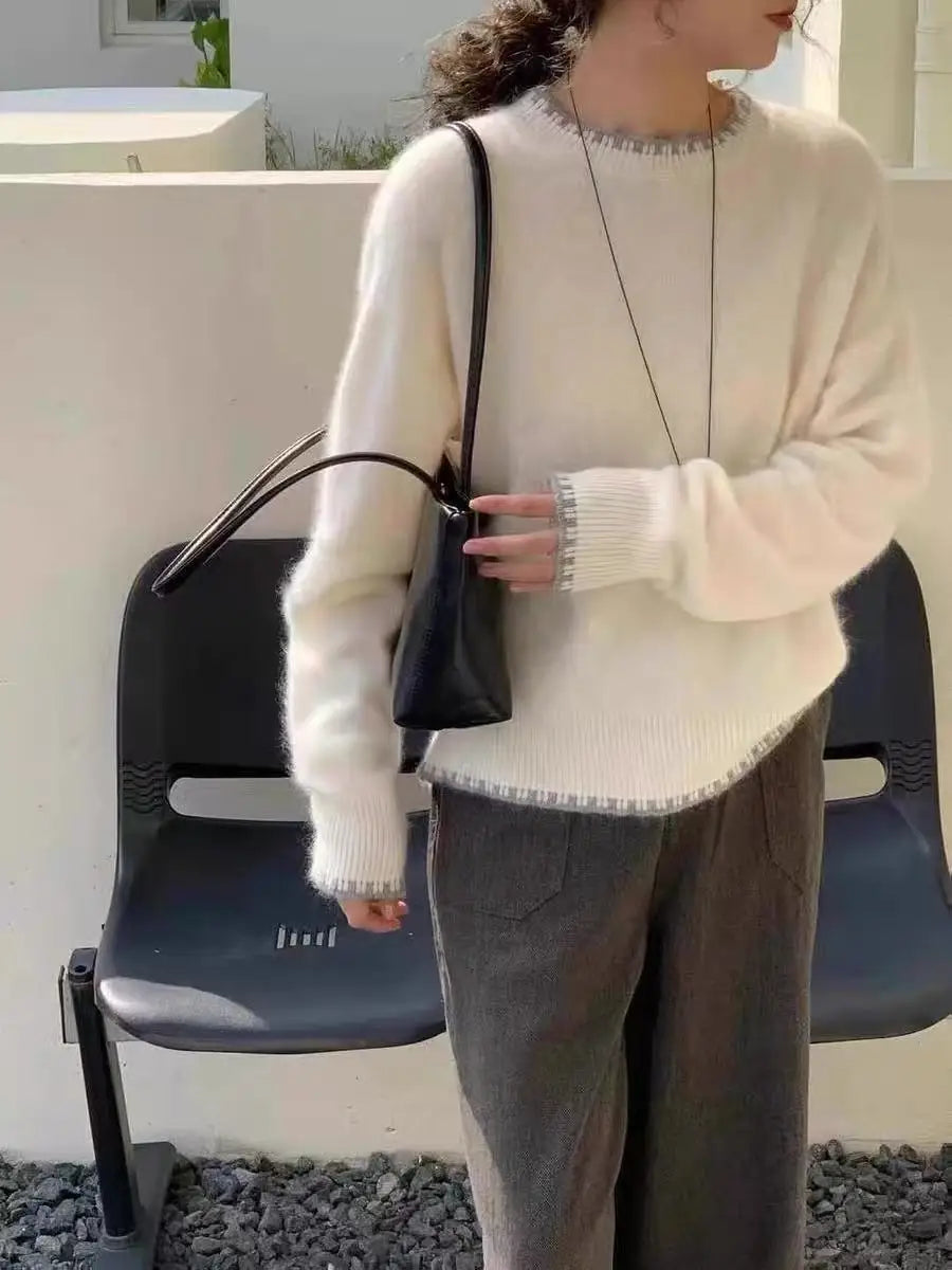 Jersey acogedor de cuello redondo y manga larga para mujer, gris claro