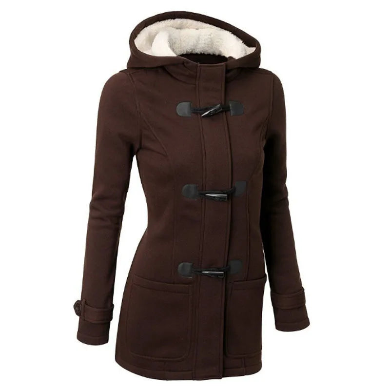 Duffle coat da donna nero con cappuccio foderato in pelliccia e alamari