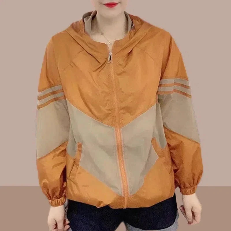 Giacca bicolore casual da donna con cappuccio, stile sportivo, verde e beige