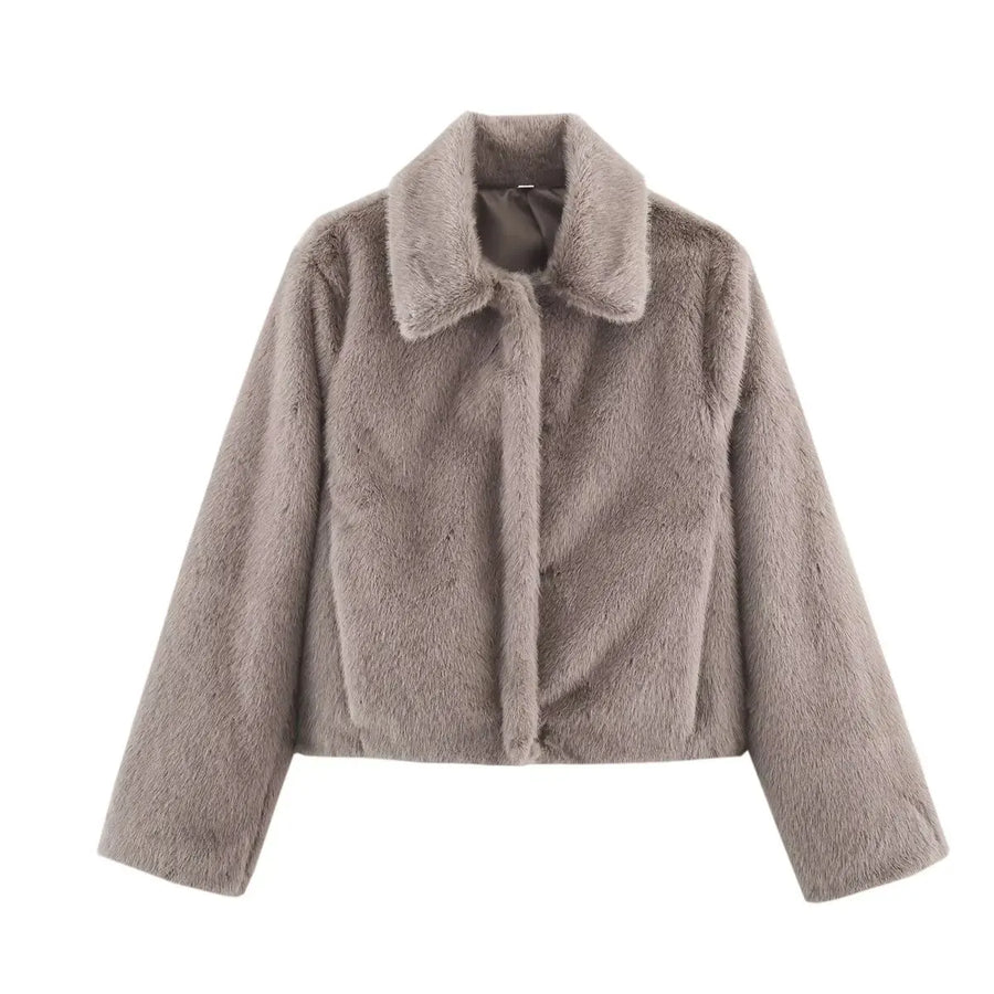 Chaqueta corta de piel sintética para mujer, cuello clásico y mangas largas