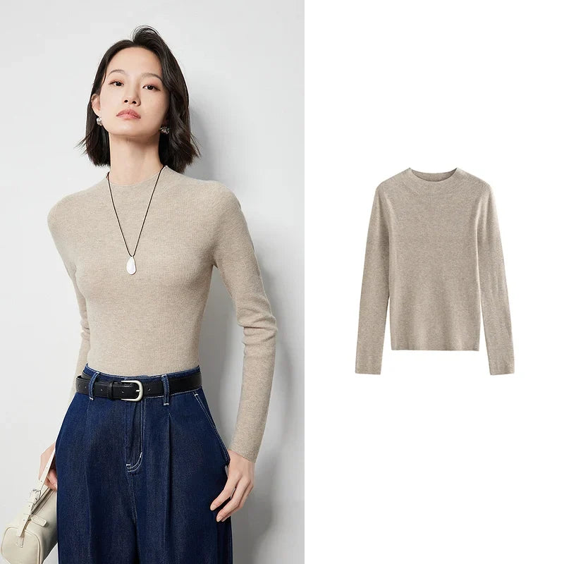 Maglione sottile casual da donna a maniche lunghe con collo alto a coste