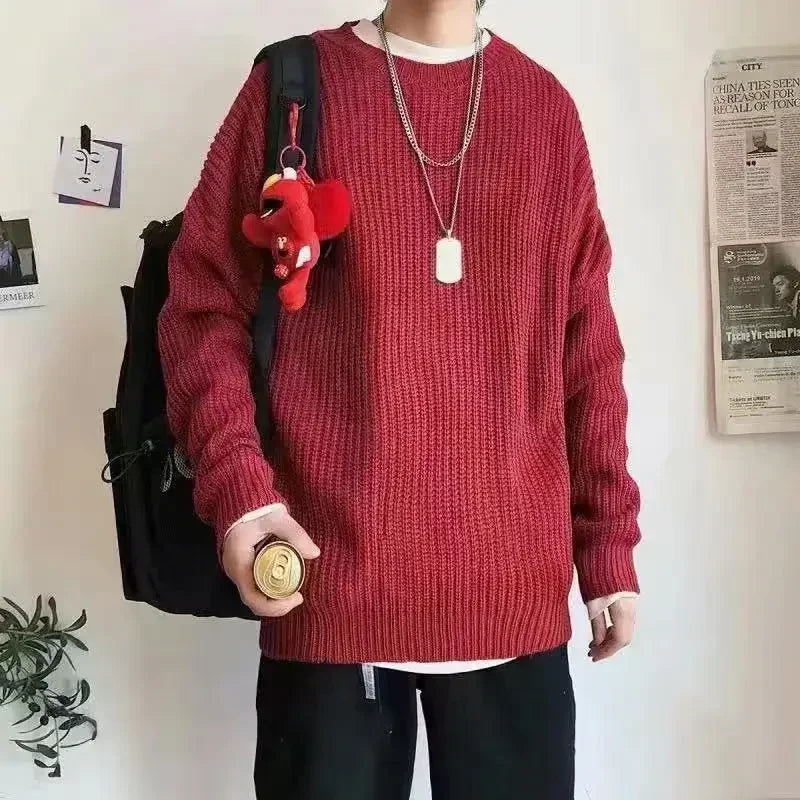 Pull ample à col rond et maille côtelée pour homme, décontracté, diverses couleurs