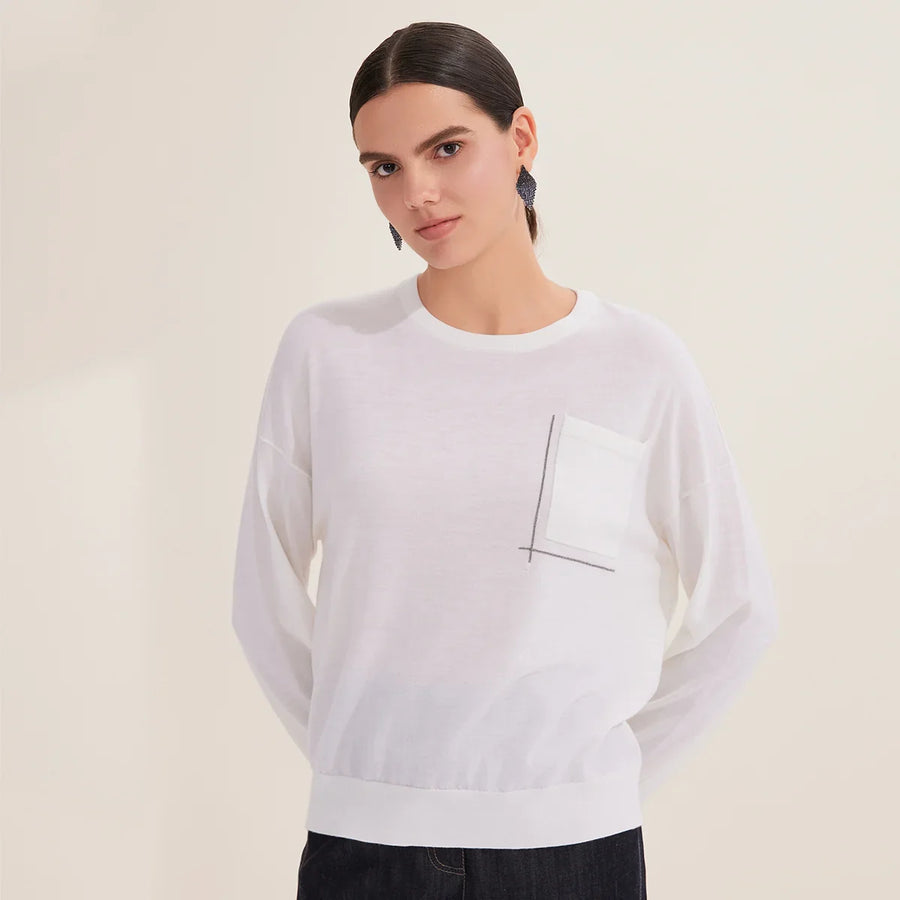 Women's lightweight crew-neck sweater with an embroidered chest pocket
