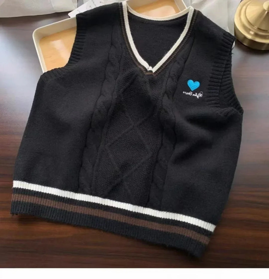 Gilet da donna senza maniche in maglia con scollo a V e motivi a trecce, stile preppy