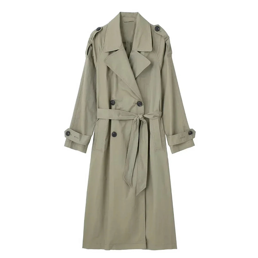 Langer Damen-Trenchcoat mit zweireihiger Knopfleiste und Gürtel in Khaki oder Beige