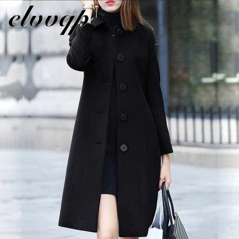 Manteau Long Femme Élégant avec Boutons, Col Classique