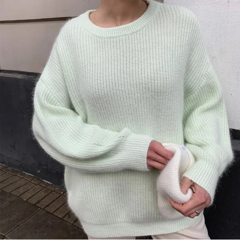 Jersey holgado de punto de canalé para mujer, con cuello redondo y mangas largas