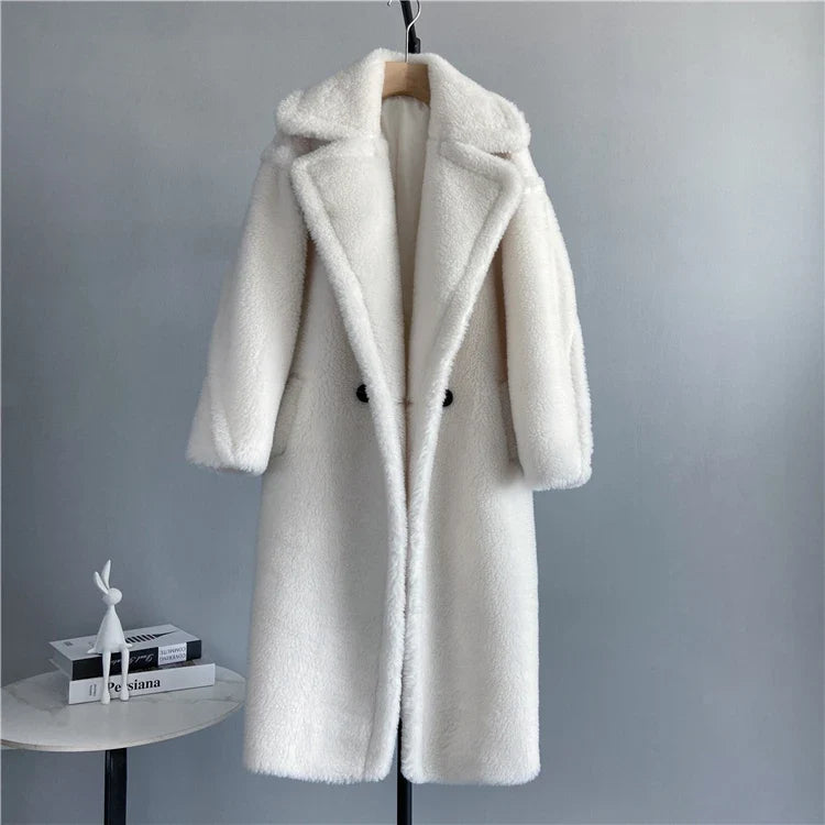 Manteau long femme teddy effet mouton marron chaud