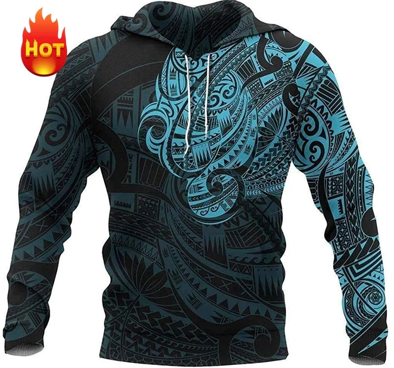 Printed tribal hoodie with sea turtle or manta ray motif, relaxed fit