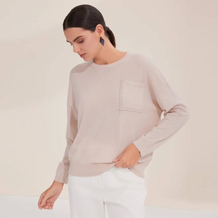 Women's lightweight crew-neck sweater with an embroidered chest pocket
