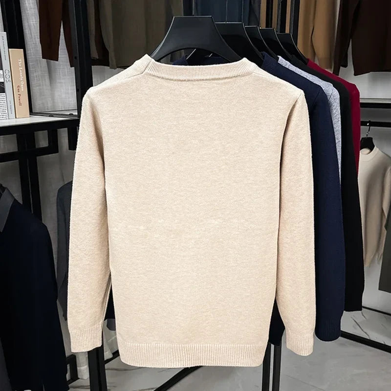 Jersey de hombre de cuello redondo, punto fino, beige jaspeado y mangas largas