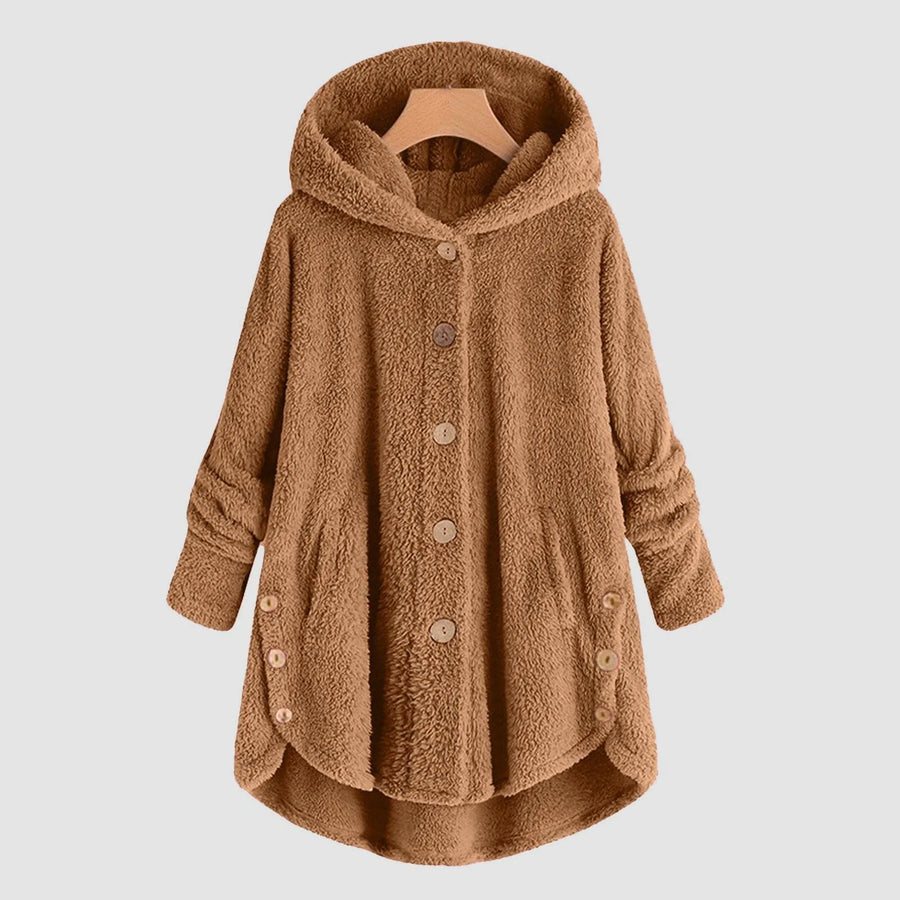 Manteau à Capuche Doux Femme, Boutons et Ourlet Asymétrique, Plusieurs Couleurs