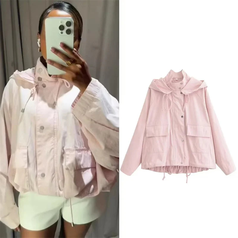 Veste légère à capuche pour femme rose poudré avec poches et cordons de serrage