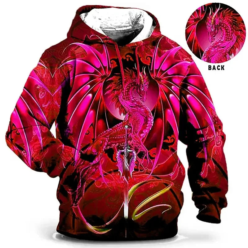 Unisex hettegenser med blått bevinget dragemotiv og heldekkende grafisk motiv