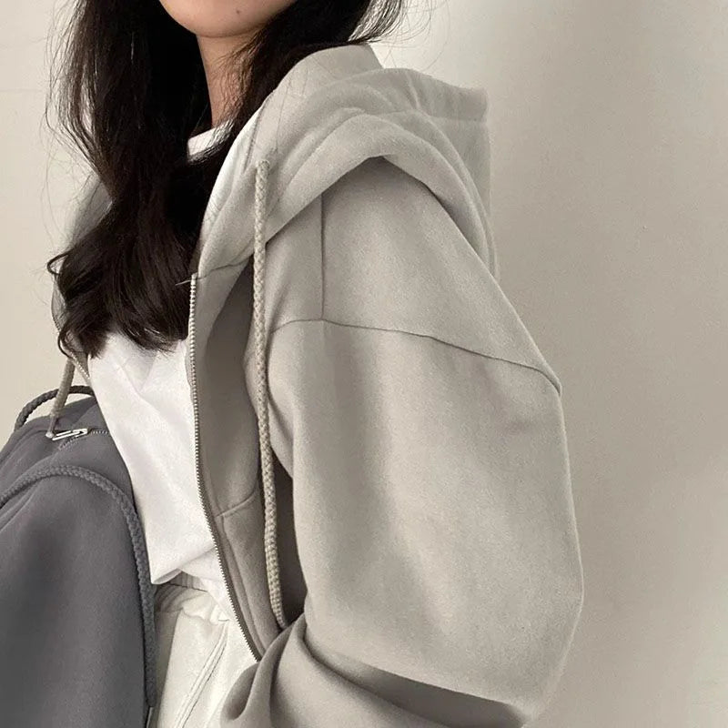 Sudadera corta con capucha y cremallera para mujer, de manga larga y color liso