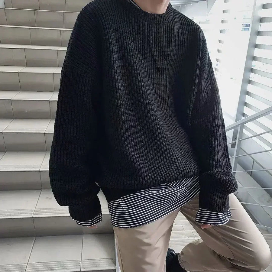 Pull ample à col rond et maille côtelée pour homme, décontracté, diverses couleurs