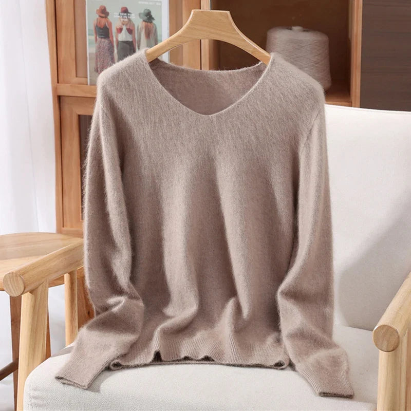 Maglione donna confortevole a collo a V, con maniche lunghe, in materiale morbido