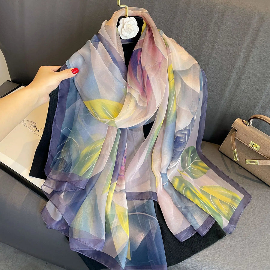 Lightweight women's scarf with landscape or floral patterns