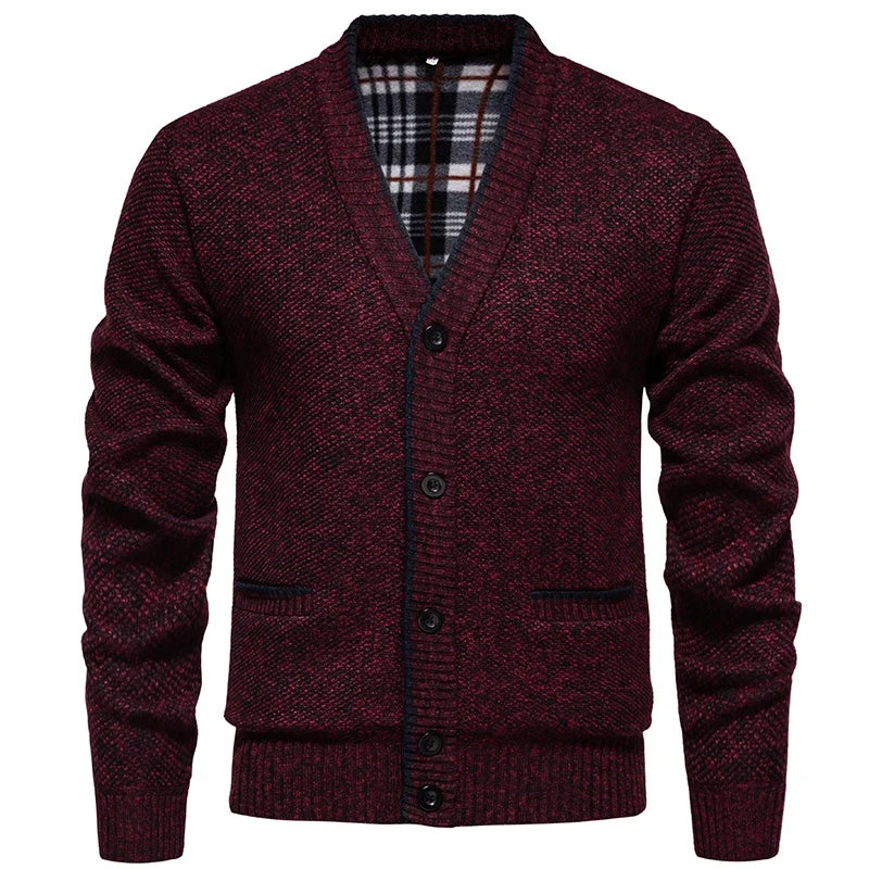 Cardigan for menn i melert strikk med V-hals og knapper, klassisk passform