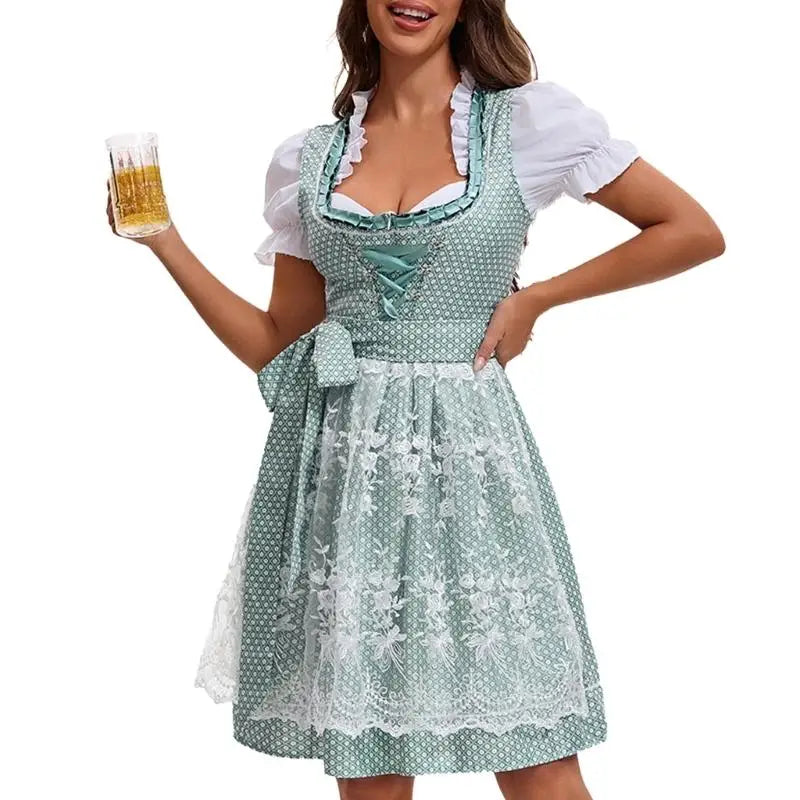 39BB ølkostume, dirndl, kjole, bluse, forklæde, tysk bayersk Oktoberfest-kostumesæt
