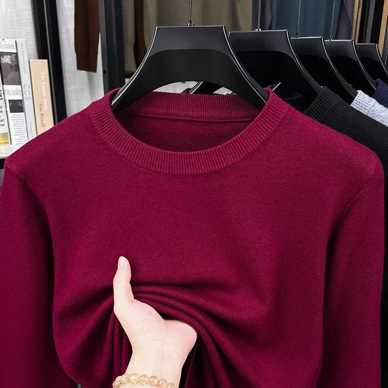 Męski sweter z dzianiny z okrągłym dekoltem, w jednolitym kolorze, z miękkiej dzianiny