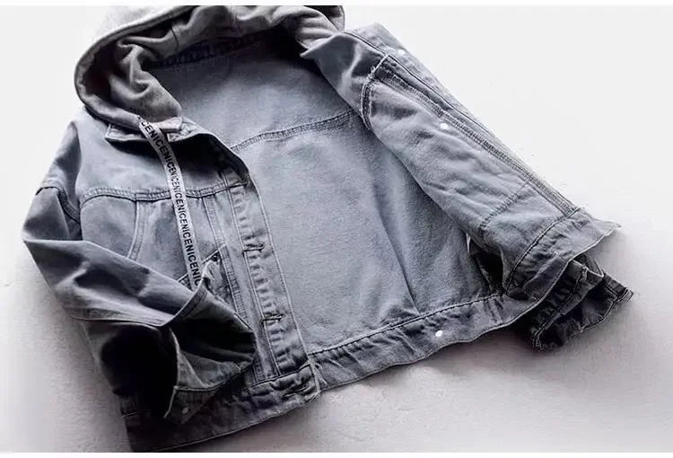 Women's Gray Washed Denim Jacket with Integrated Hood