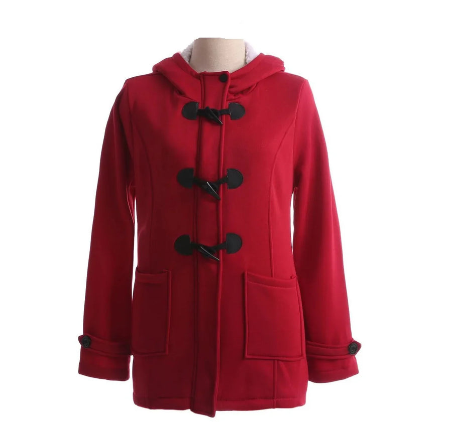 Duffle coat da donna nero con cappuccio foderato in pelliccia e alamari