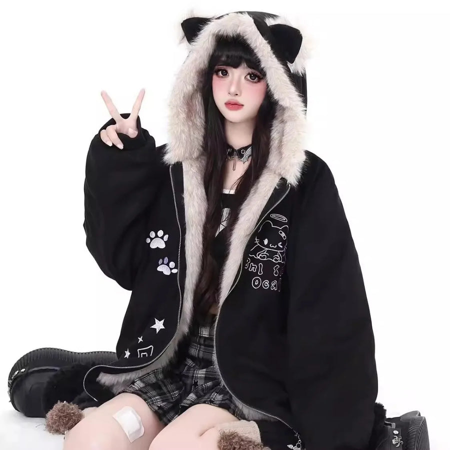 Damenkapuzenjacke mit Katzenohren und Kunstpelzbesatz