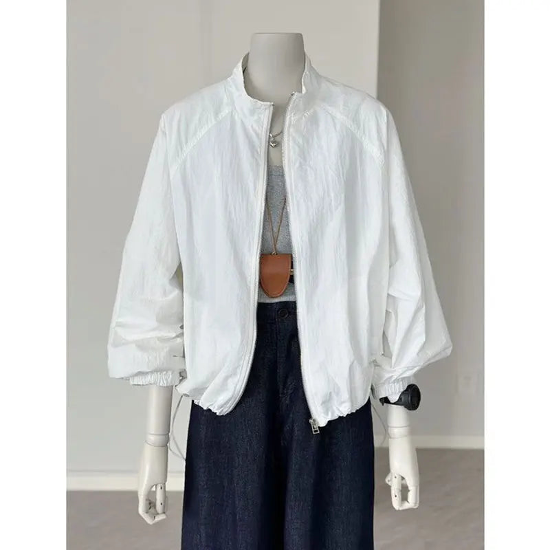 Women's Lightweight High-Collar Zip-Up Jacket with Puff Sleeves