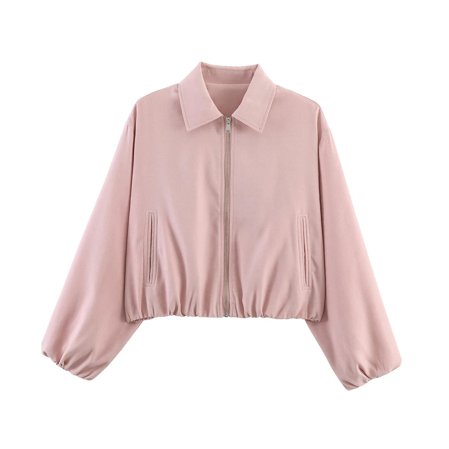 Women's Plain Short Women's Jacket with Zipper and Classic Collar