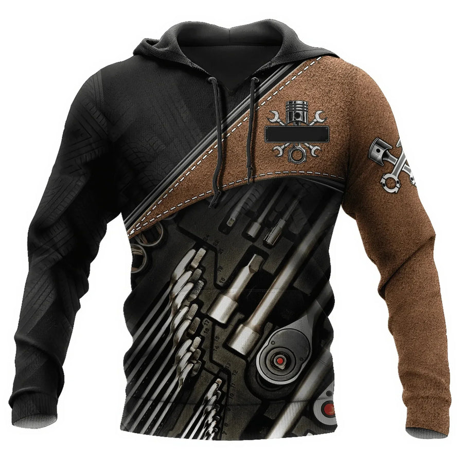 Sweat à Capuche Homme Imprimé Mécanicien Moteur Engrenages Outils