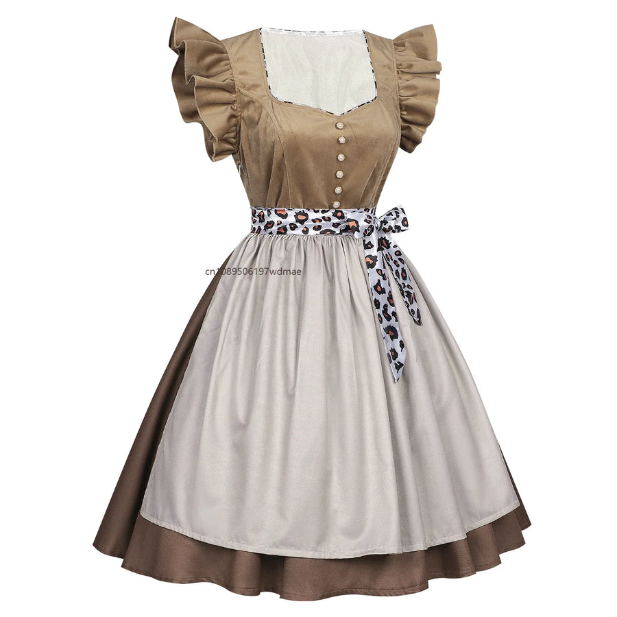 Abito dirndl tradizionale beige e marrone con grembiule leopardato da donna