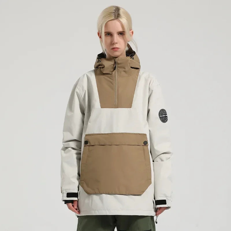 Damen-Anorak-Skijacke mit Kapuze, wasserdicht und winddicht, mit großer Fronttasche
