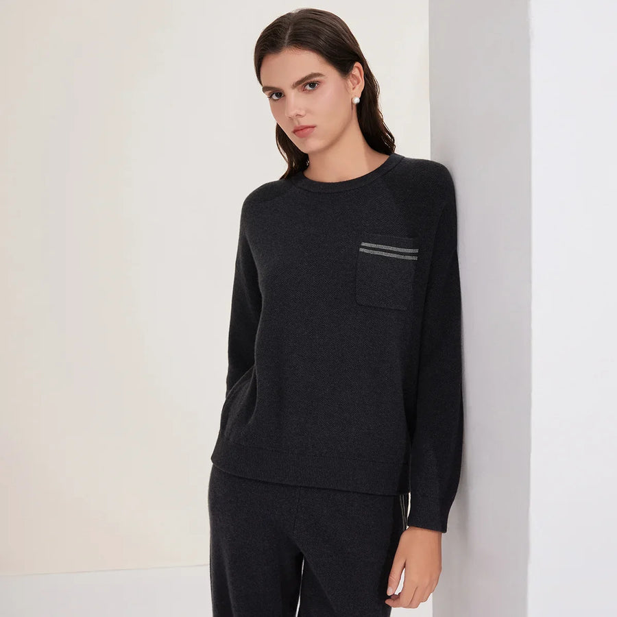 Jersey de cuello redondo para mujer, de punto fino, con bolsillo en el pecho y ribete brillante
