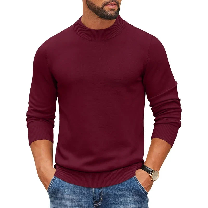 Jersey de punto para hombre con cuello alto acanalado y manga larga, color liso