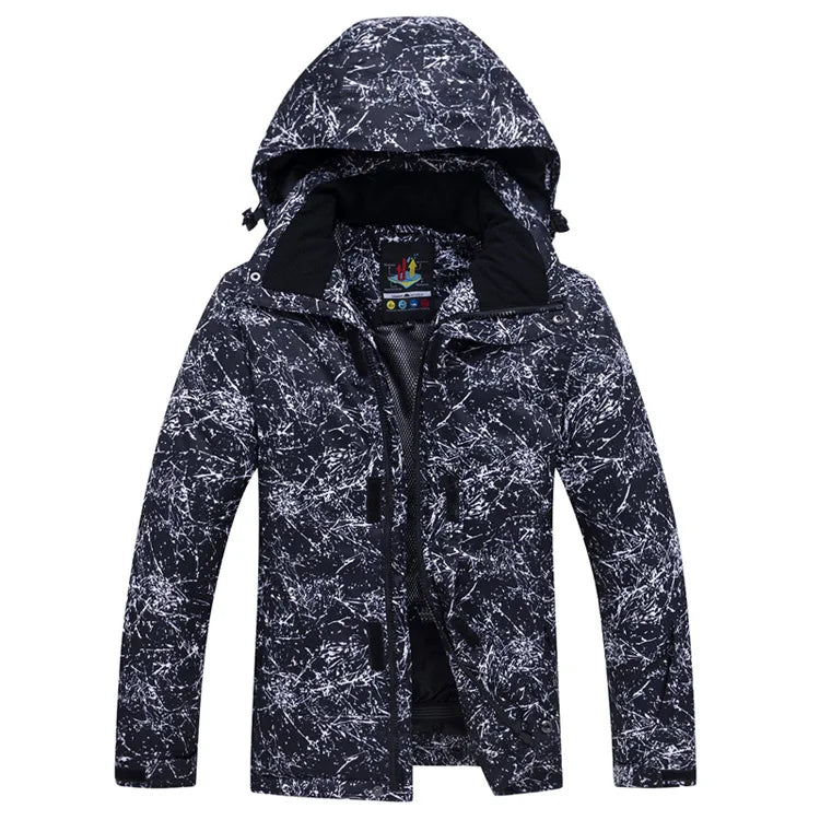 Veste de ski imperméable multicolore à capuche et motif abstrait pour sports d'hiver