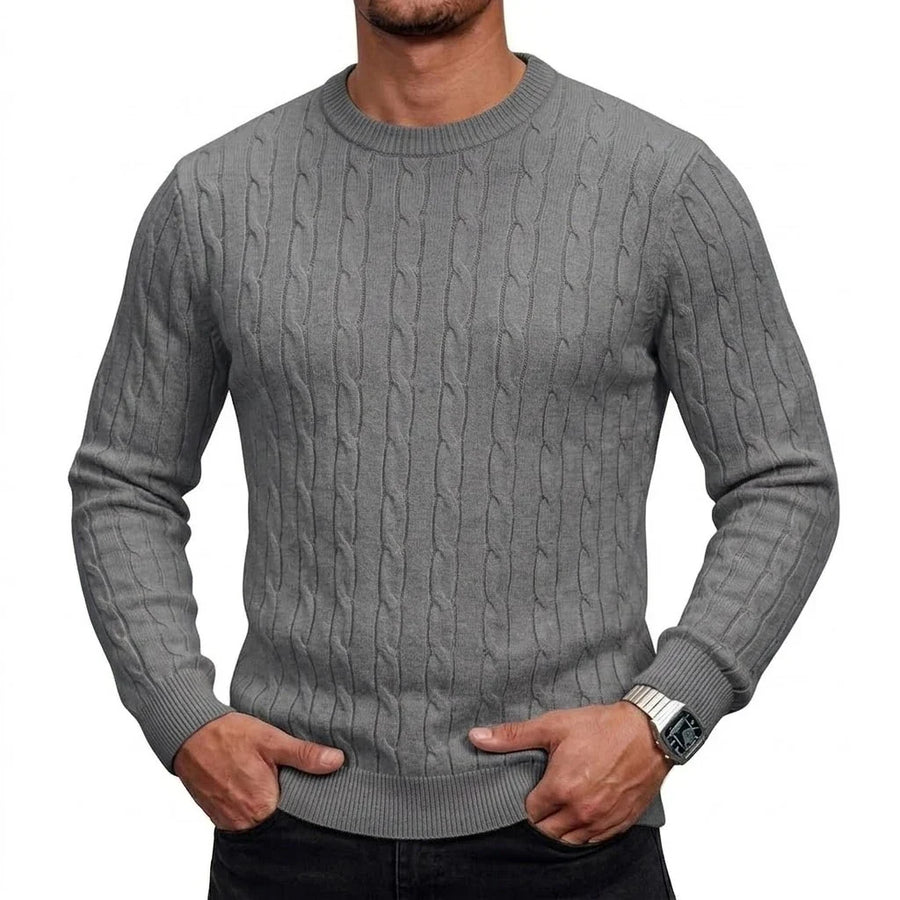 Jersey de hombre de punto trenzado, cuello redondo, manga larga y color liso