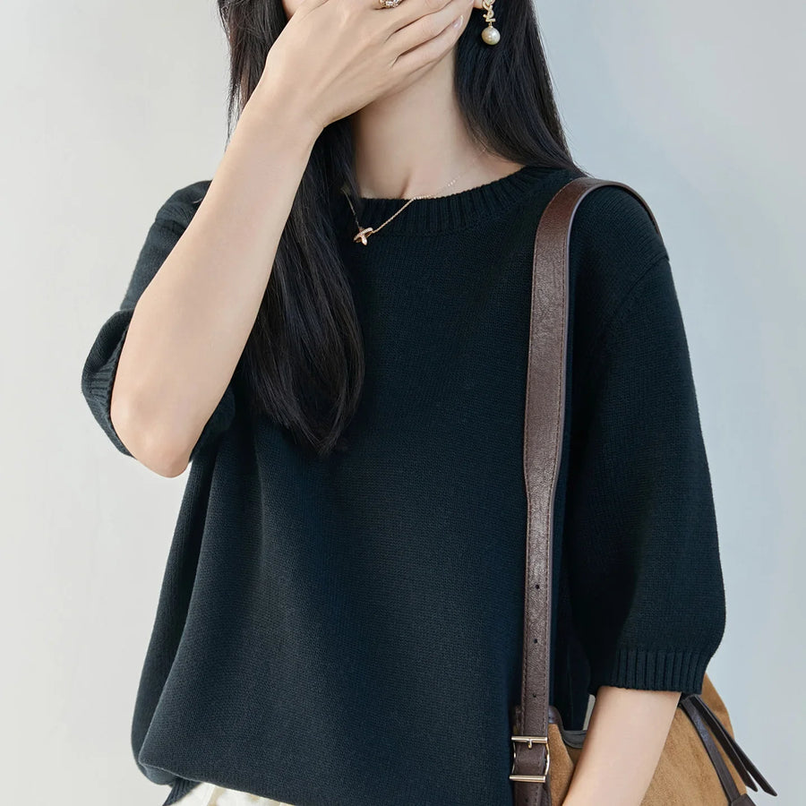 Maglione leggero donna a maniche corte in maglia lavorata a coste con scollo rotondo